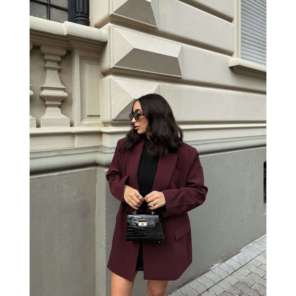 TRAFZA Elegant Red Solid Office Women Lapel Pocket 2024 New Spring Autumn Fashion Old Money Commuter Blazer