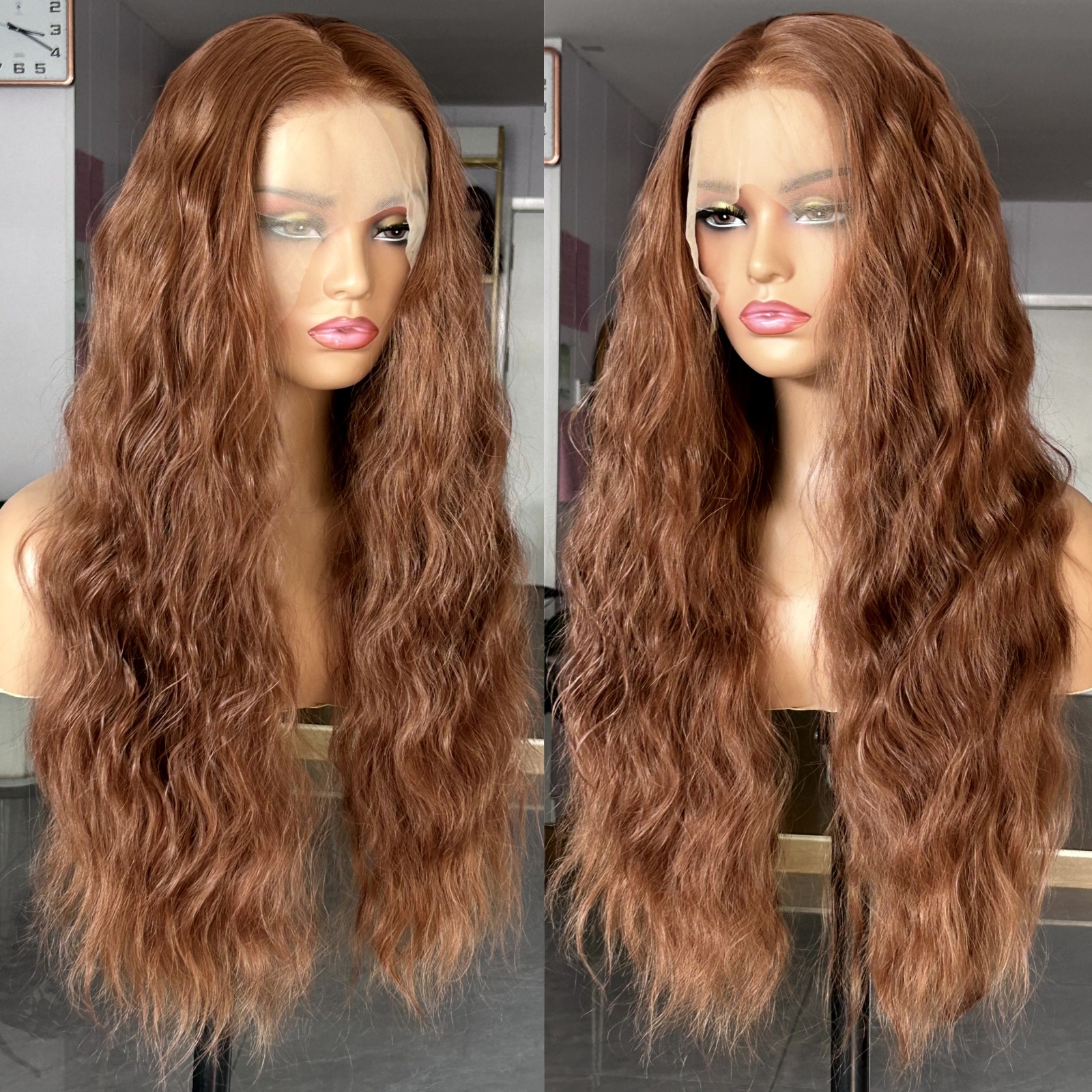 Ginger Brown Deep Wave Synthetic Lace Front Wig Natural Wavy Long Curly Auburn Colored Hair 13X4 Frontal Wigs for Women