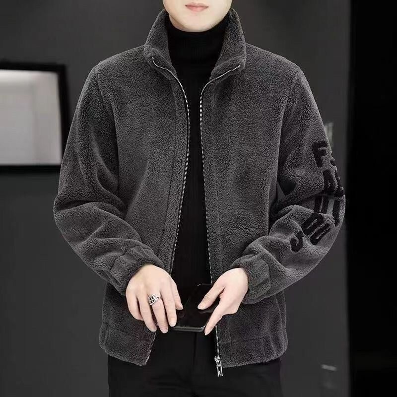 2024 new designer autumn and winter men's cut sheep stand collar jacket embroidered integrated sheep fleece men's jacket