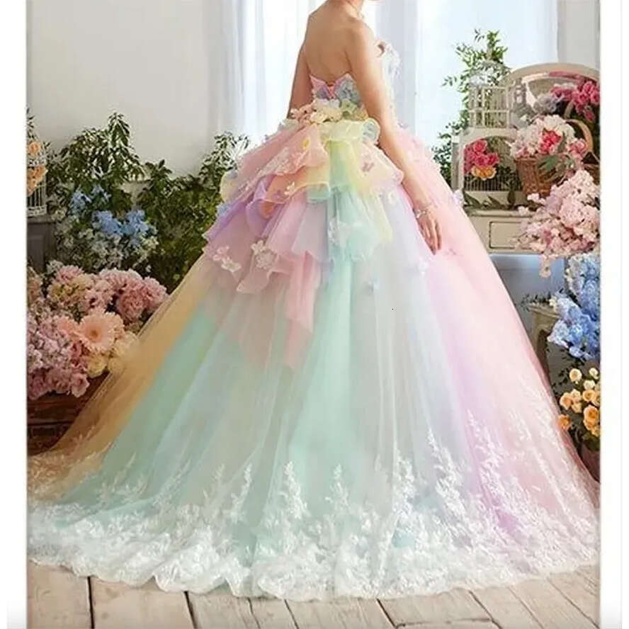 New Pretty Colorful Rainbow Tutu Prom Dresses 3D Wer Lace Puffy Ball Vestido Formatura Abiye Ruffles Evening Gowns 0431