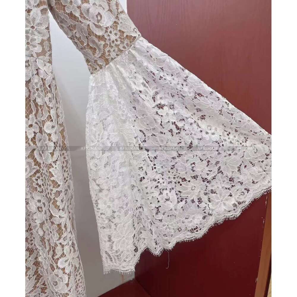 2024 Autumn New V Neck Big Flare Sleeve Pure Color Lace Dress