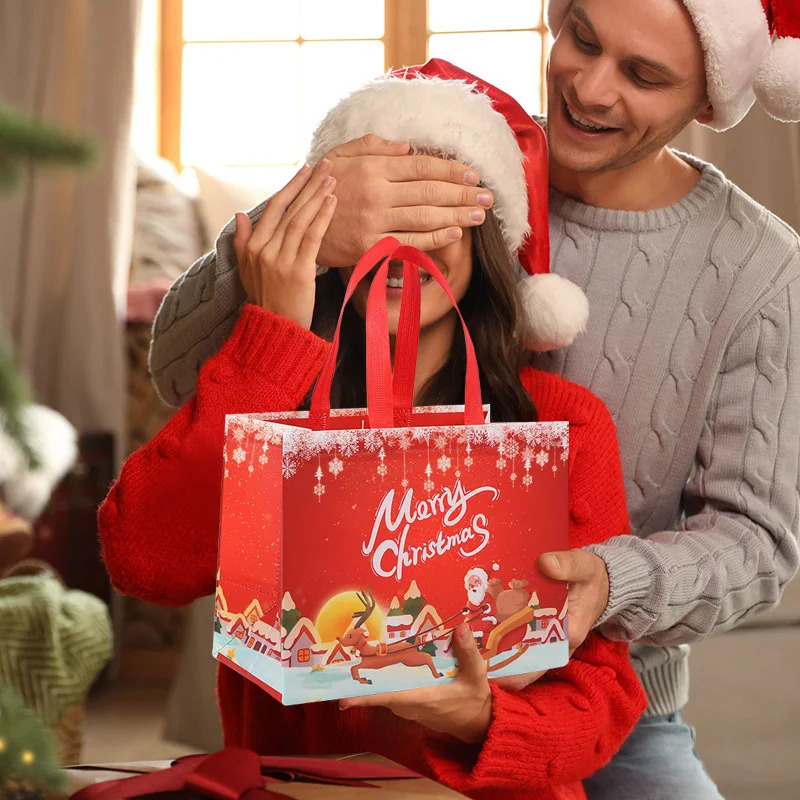 Christmas Gift Bags Santa Claus Elk Snowflake Print Handbag Xmas Gifts Wrapping Supplies Merry Christmas Tote Bags 241025