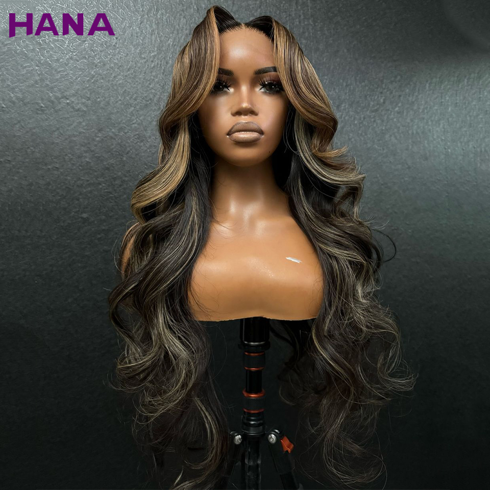 13x4 Front Wig Body Wave Highlights Blonde Brown With Black Pre-Plucked Transparent Lace Closure Human Hair Wigs For Women