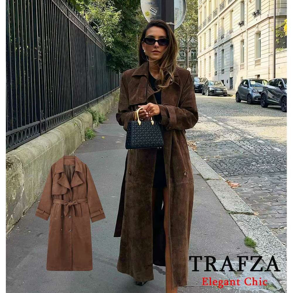 Trafza-Women Belted Lapel Lace-Up Buttons New 2024 Fall Winter Fashion Classic Vintage Long Coat