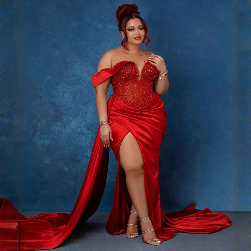 African Red Mermaid Evening Dresses Front Split Beaded Off Shoulder Long Satin Prom Dress Modern Reception Gown Sheer Jewel Neck Satin Special Occasio