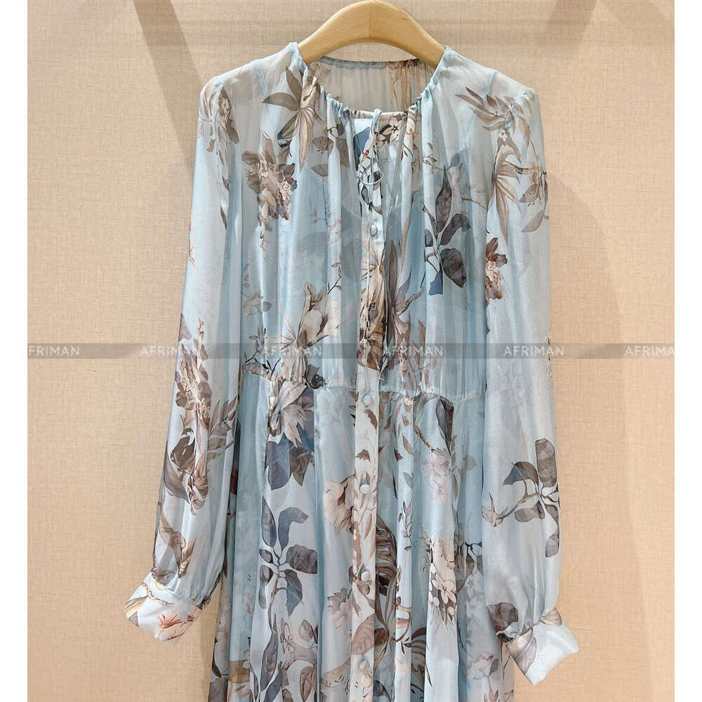 Women Silk Blue Corower Print Sleeve High Waist Slimming Long Dress
