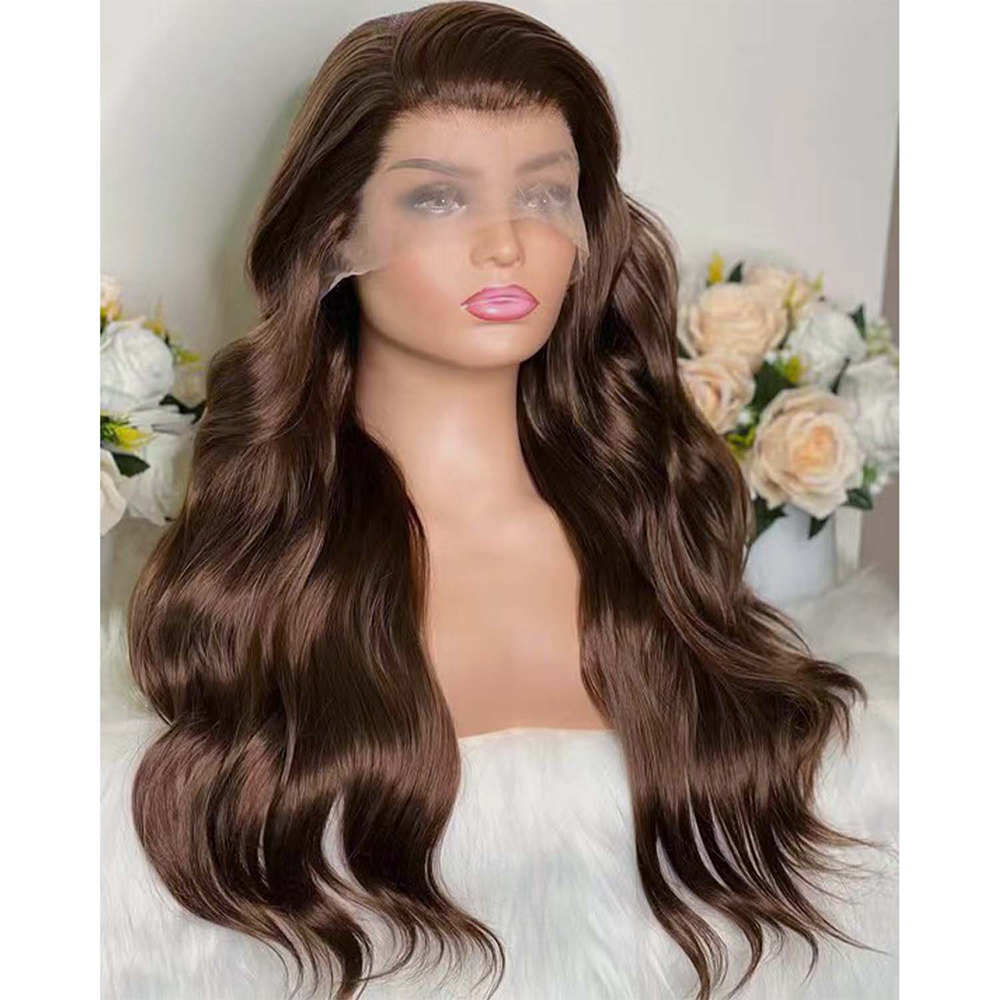 RONGDUOYI Chocolate Dark Brown Long Wavy Synthetic Frontal Wigs for Women Glueless Natural Haire Wave Hair Wig Daily Party