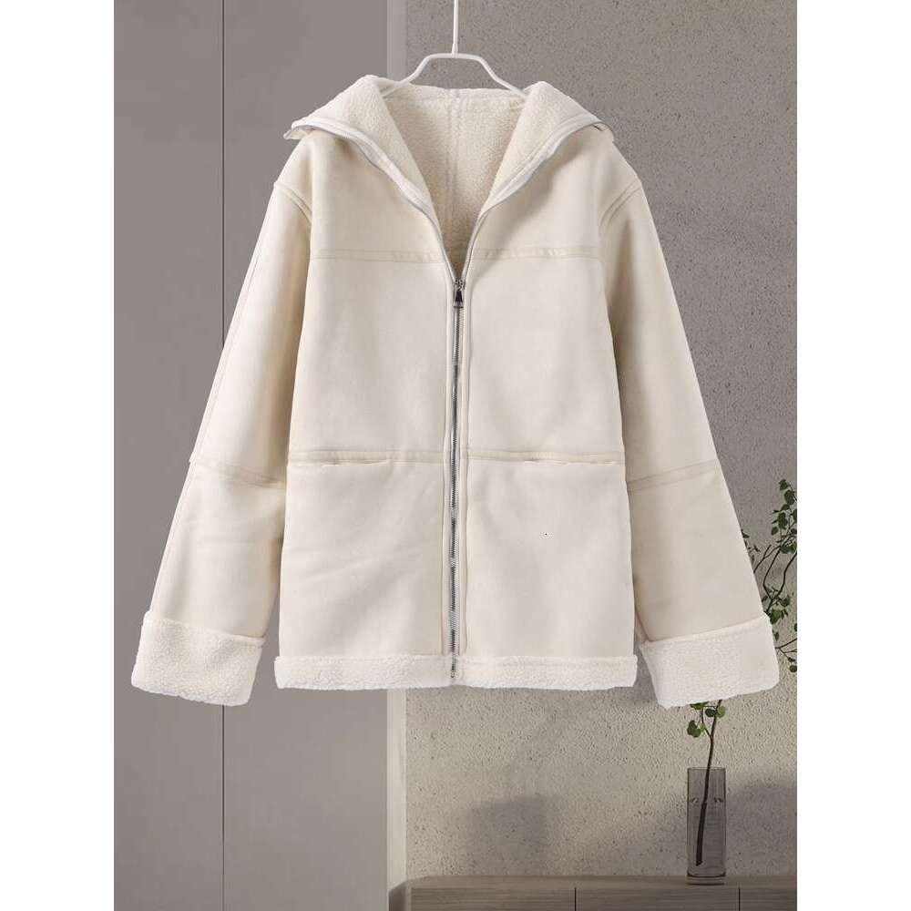 2024 Winter Plush Leather Fur Coat Women Veet Lapel Long Sleeve Zipper Pocket Coatts Elegant Warm Thicken Loose Jacket Overcoa