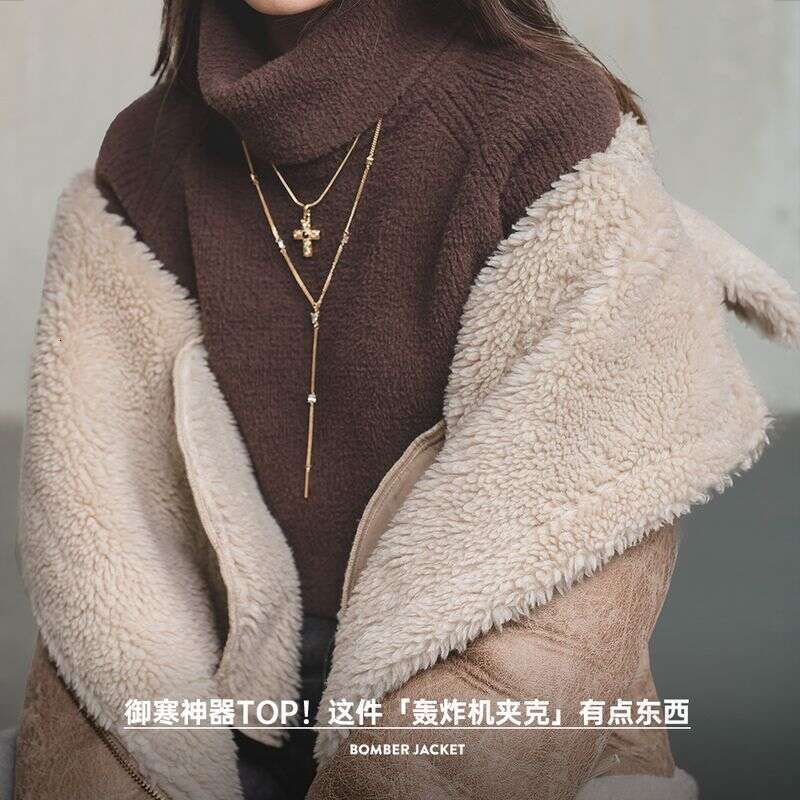 MADEN Women Imitation Lamb Fur Leather 2024 Autumn Winter Long Sleeve Turn-Down Collar Warm Thick Coat Bomber Jacket