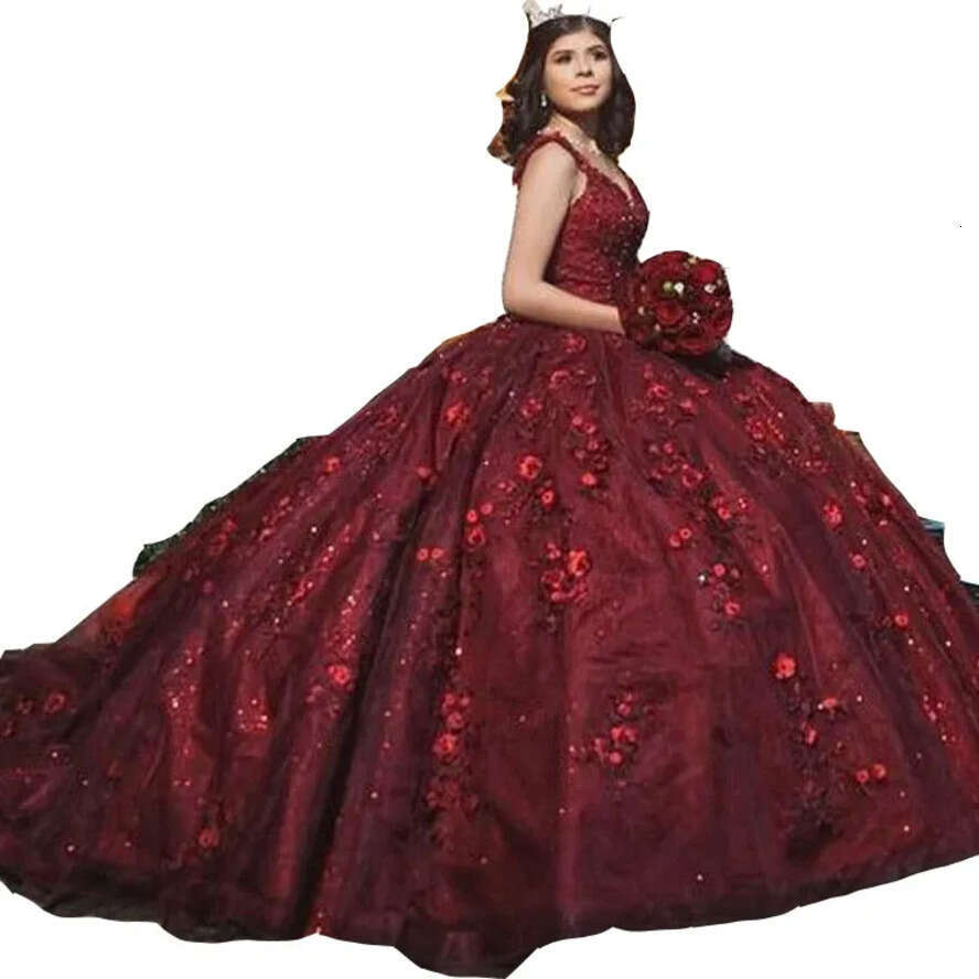 2024 Bury Sexy Quinceanera Dresses V Neck Lace Appliques 3D Ral Wers Crystal Beads Sweet 16 Dress Vestidos De 15 Prom Party Gowns 0513