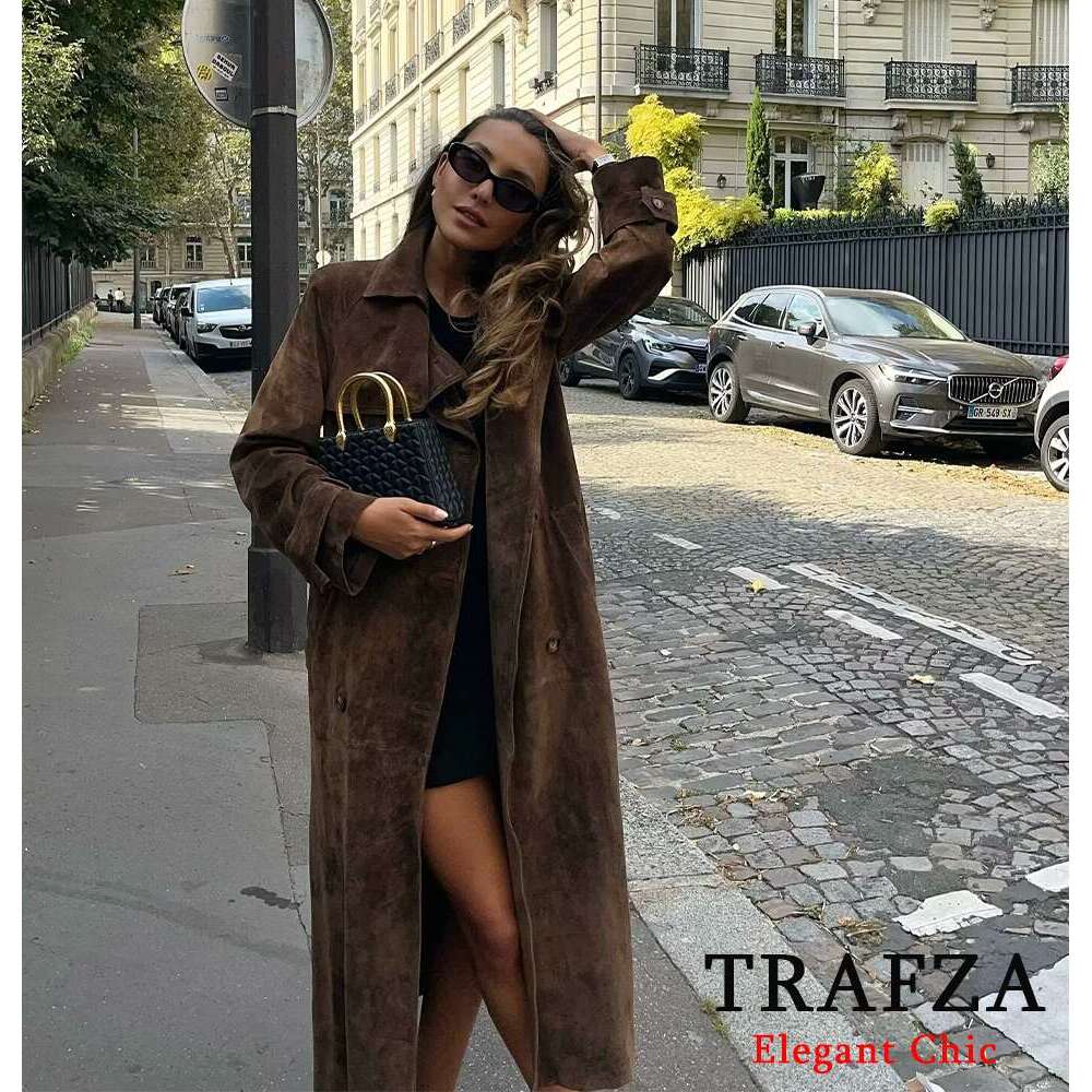 Trafza-Women Belted Lapel Lace-Up Buttons New 2024 Fall Winter Fashion Classic Vintage Long Coat