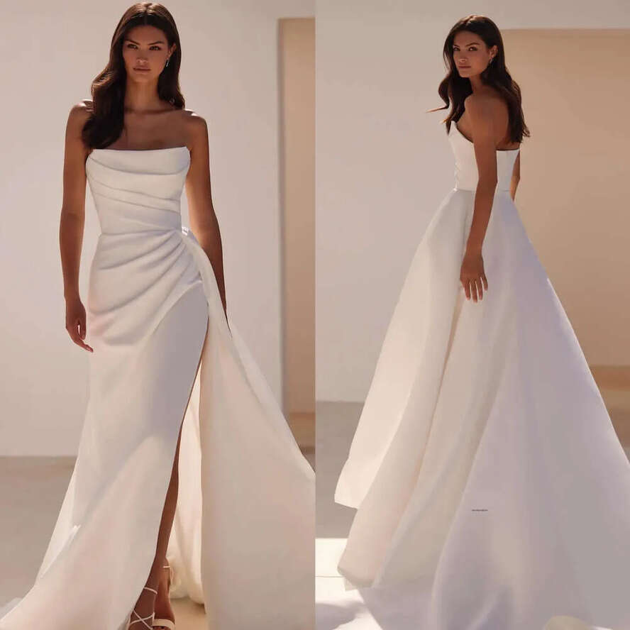 Nova Milla Boho A E Dress For Bride Strapless Satin Country Wedding Dresses Backless Pleats Vestidos De Novia Split Bridal Gowns