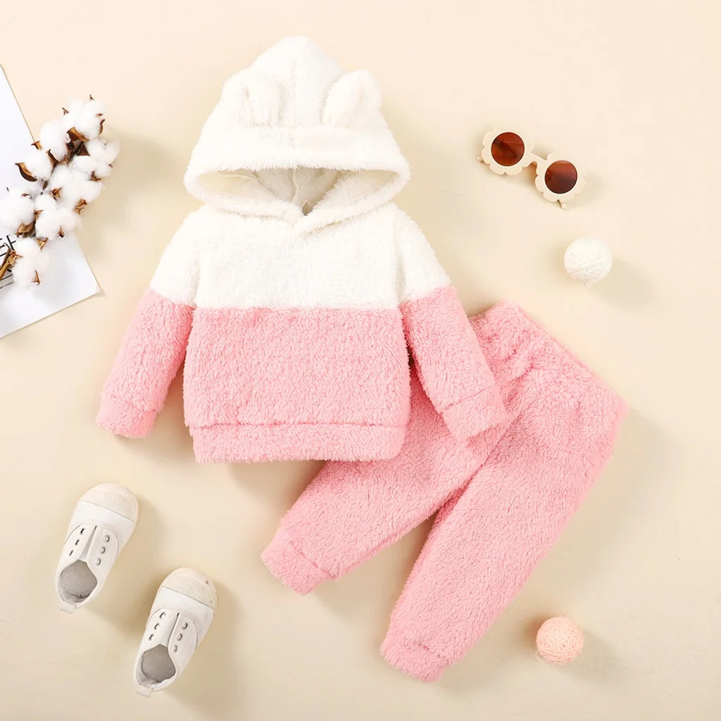 0-2 Years born Baby Girl Fluff Hooded Clothes Set Long Sleeve Hoodie Top Pant Autumn and Winter Warm Daily 2PCS Outfit 241028