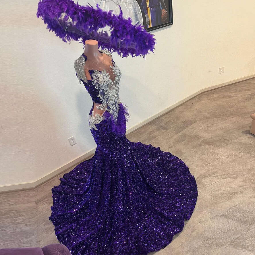 Purple Mermaid Prom Dresses Dia Sequined Beads Tassel Long Sleeve Gillter Evening Dress Formal Party Gowns 0521
