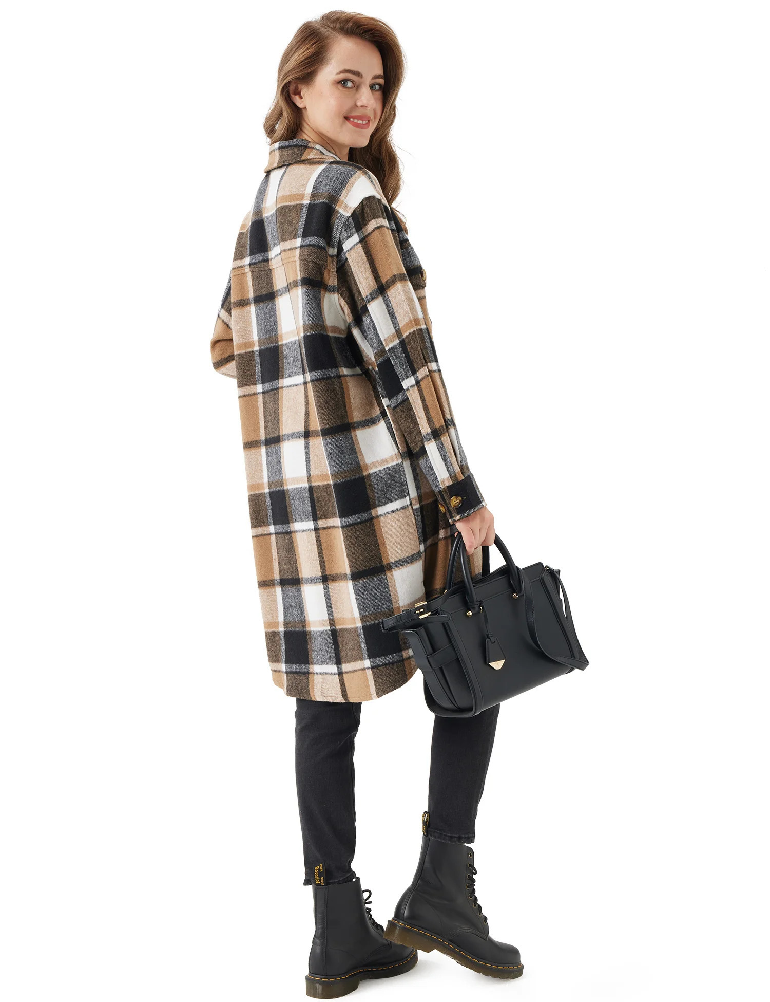 UR Womens Oversized Plaid Shacket Cozy Long Sleeve Button Down Jacket with Pockets Knee LengthPlus SizeCropped 241024