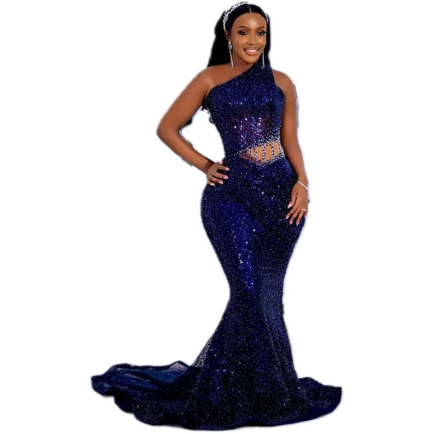 New Royal Blue Mermaid Prom One Shoulder Sequined Illusion Sexy Formal Evening Dress Sweep Train Red Carpet Shiny Gown 0521