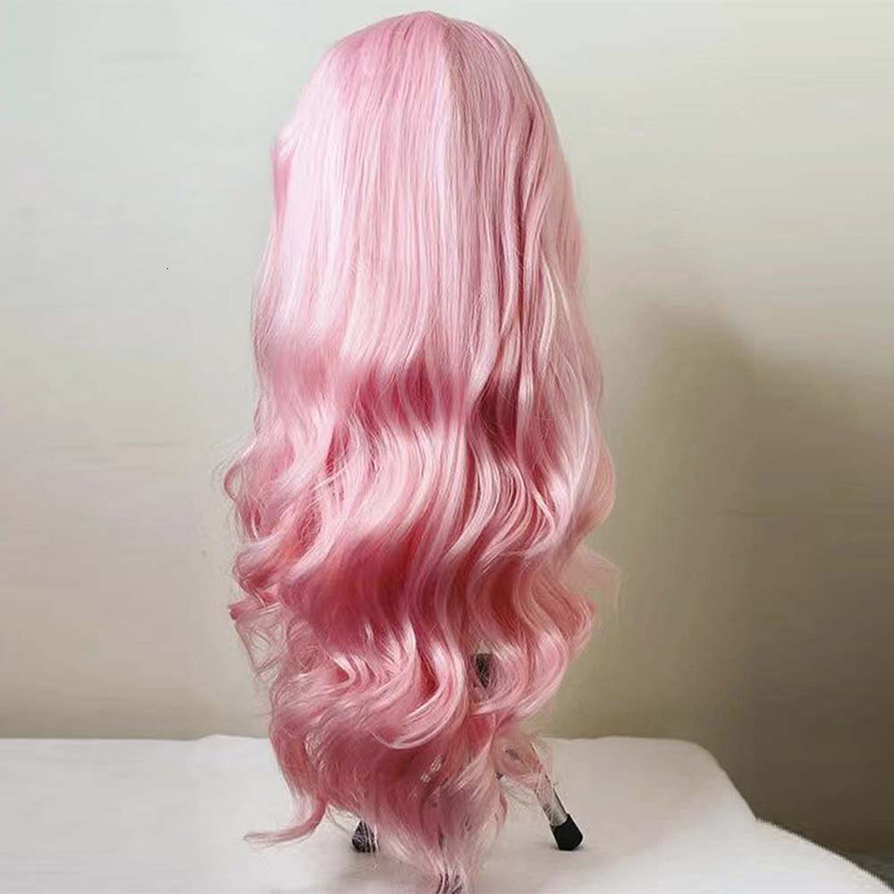 RONGDUOYI Light Pastel Pink Lace Front Synthetic Frontal Wigs for Women Long Wavy Loose Wave Curly Hair Wig Daily Party Cosplay