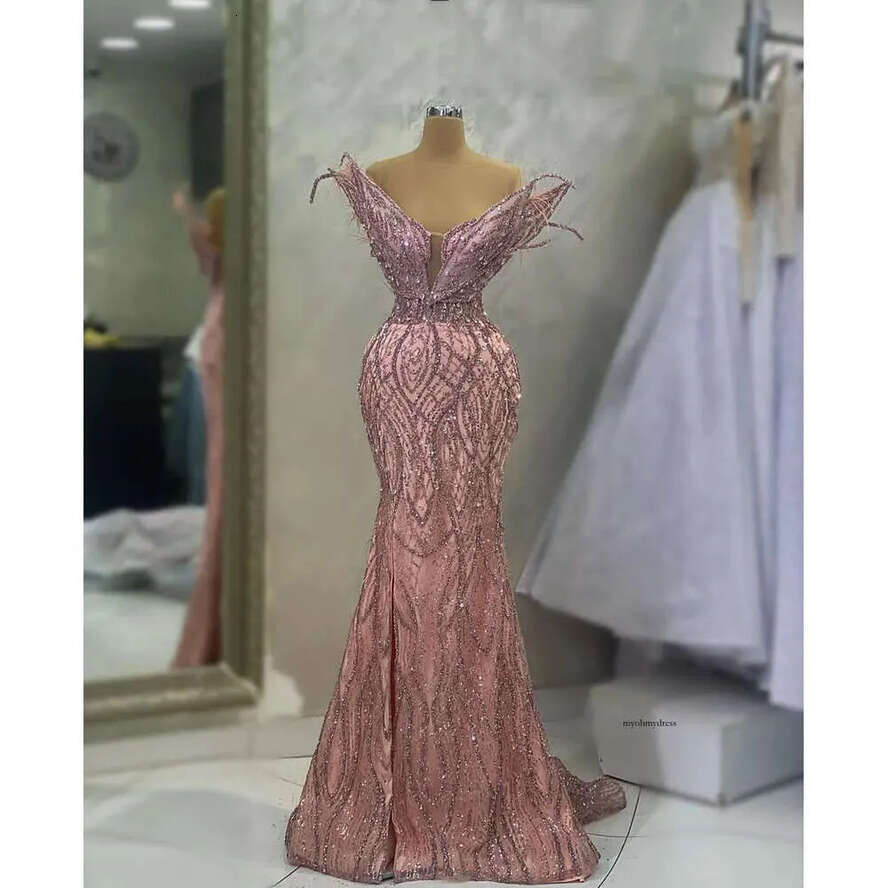 Mermaid Sparkly Prom Dresses Sleeveless V Neck Appliques Sequins Or Length Bead Celebrity Dias Si Slit Evening Dress Bridal Gowns Plus Size Custom