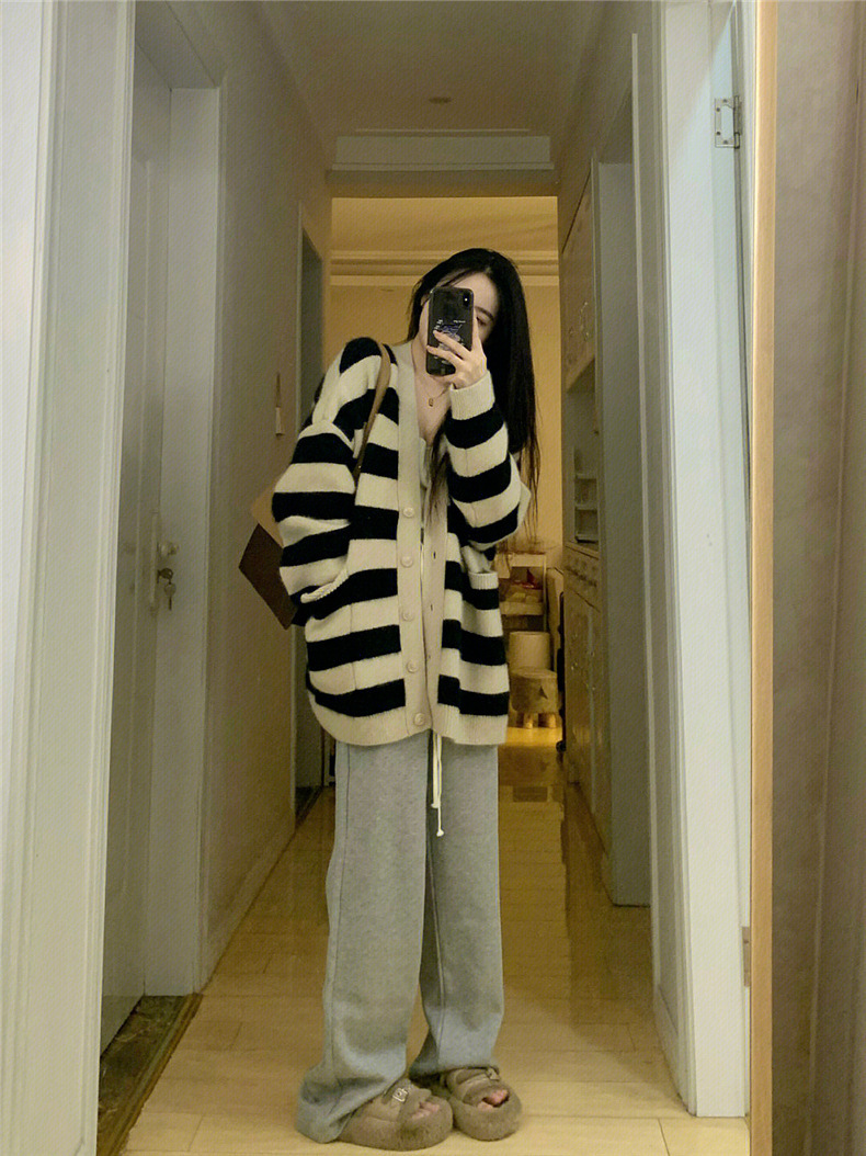 Striped Contrasting Sweater Soft Sticky Cardigan For Women Autumn And Winter New Item Korean Version Lazy Style Temperament Knitted Top Jacket F1028#4