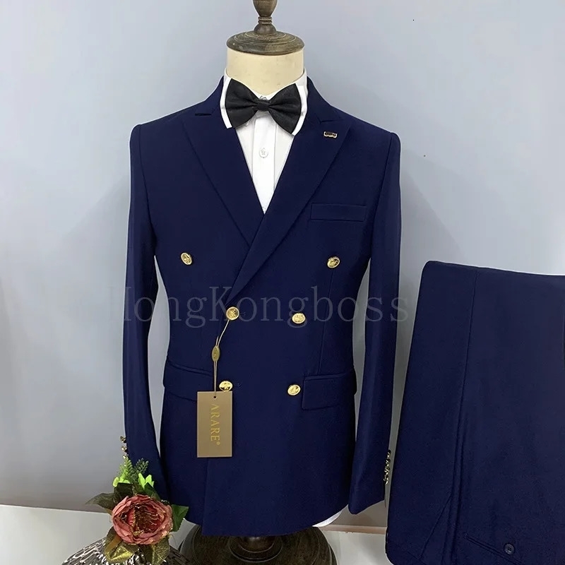 2 Pcs Suit Set Blazers Jacket Pants Fashion Men Casual Business Pure Color Double Breasted Groom Wedding Formal y241025