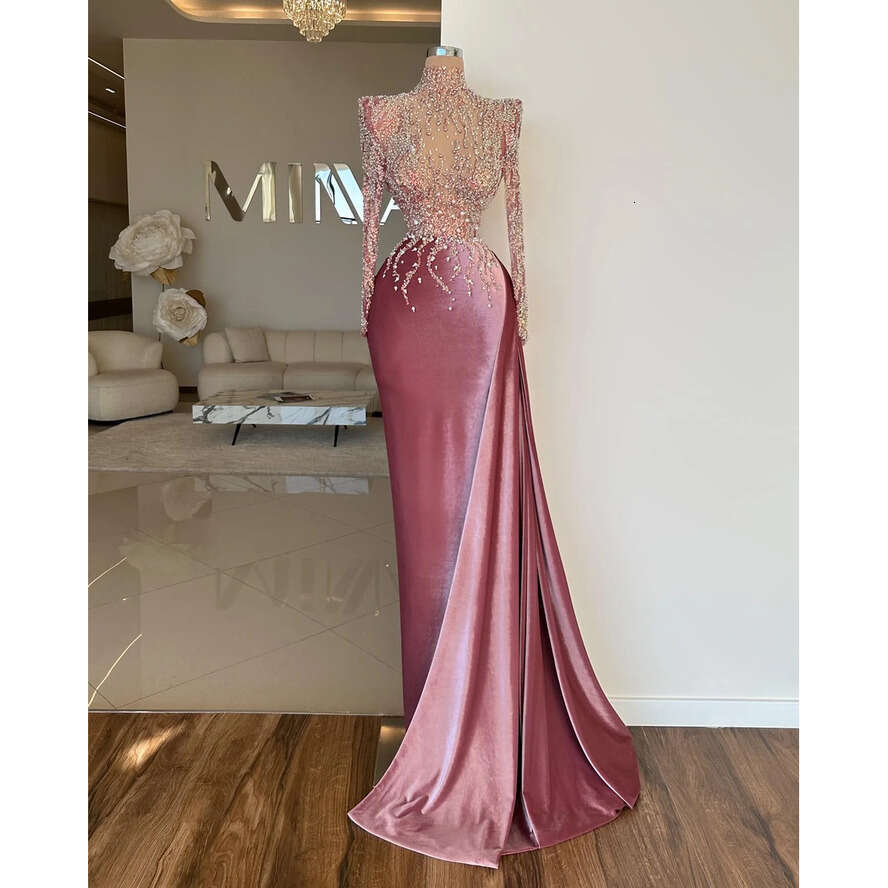 Dust Pink Mermaid Elegant Pearls High Collar Prom Dress Beading Dresses For Special Ocns Long Sleeves Evening Gowns 0515