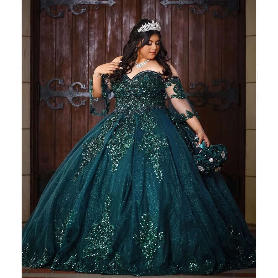 Green Shiny Ball Gown Quinceanera Dresses 15 Party Glitter Tulle Appliques Sequined Formal Masquerade Cinderella Birthday Gowns Vestidos De Fiesta 052