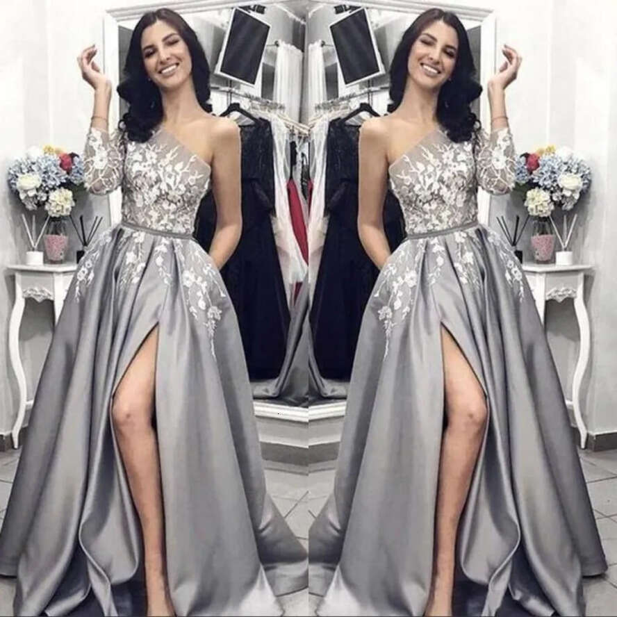 Elegant Sier One Shoulder Long Sleeve Prom Dresses Ral Appliques Front Split A E Evening Party Gowns