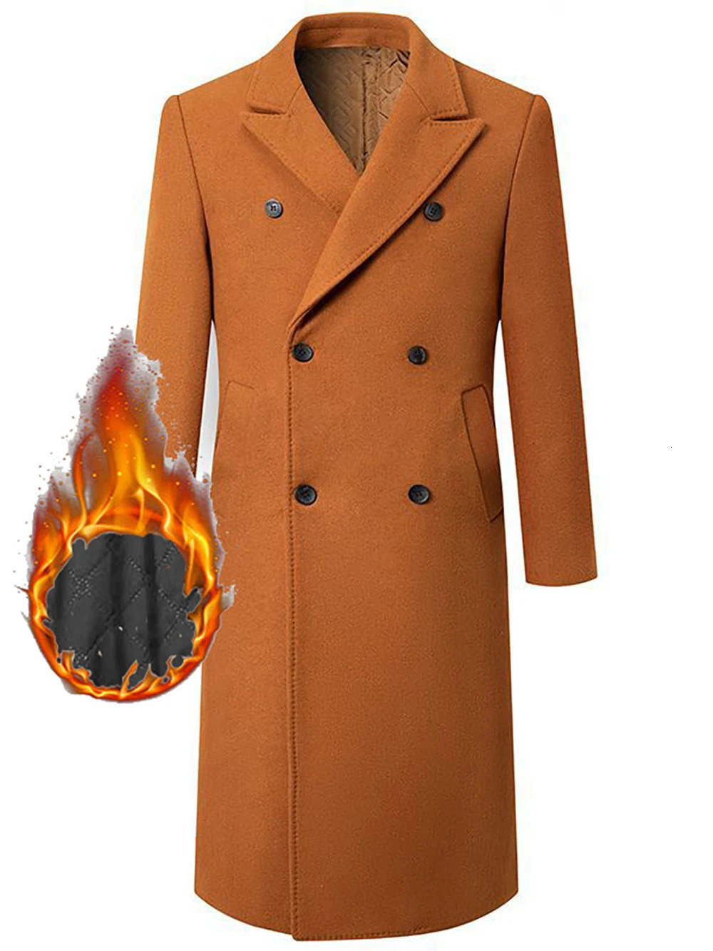 Mens autumn and winter thick padded extra long knee length woolen coat mens double breasted slim fit trench coat 241024