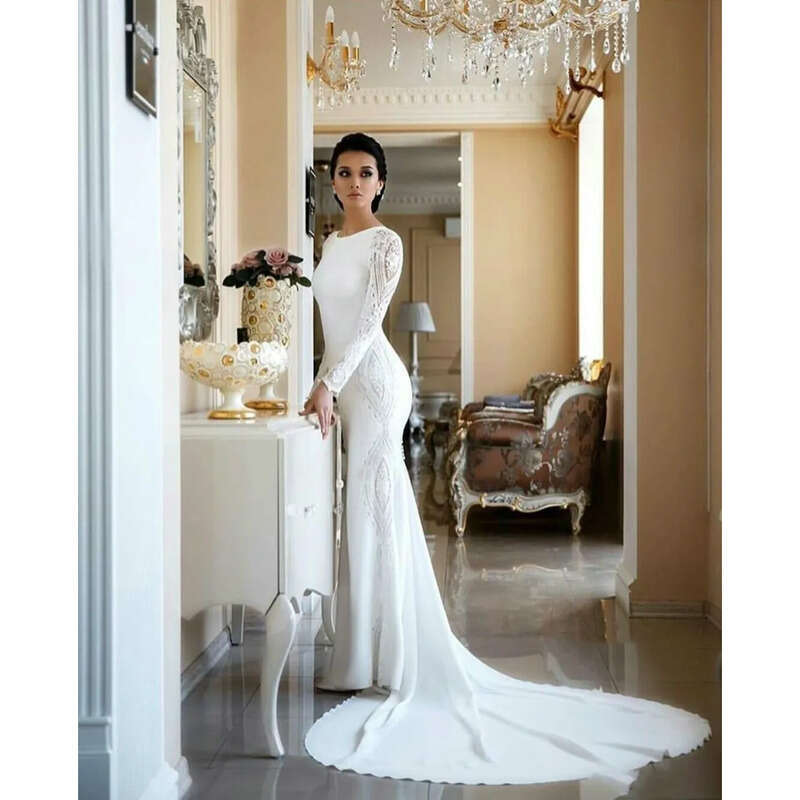 Elegant Long Sleeve Mermaid Dress With Lace Appliqued Satin Boho Beach Wedding Gowns Sequined Vestido De Novia