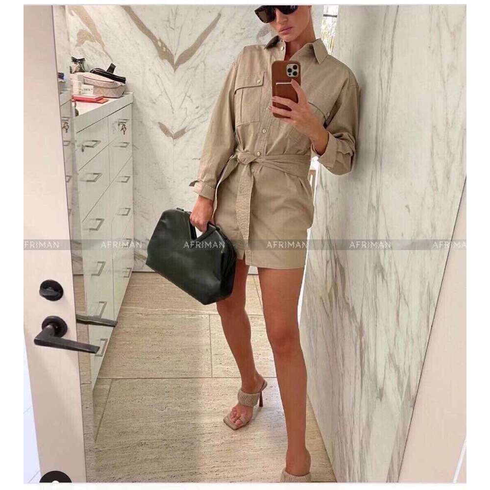 2024 Autumn New Polo Collar Long Sleeve Single Breasted Lace Up Waist Canvas Shirt Dress