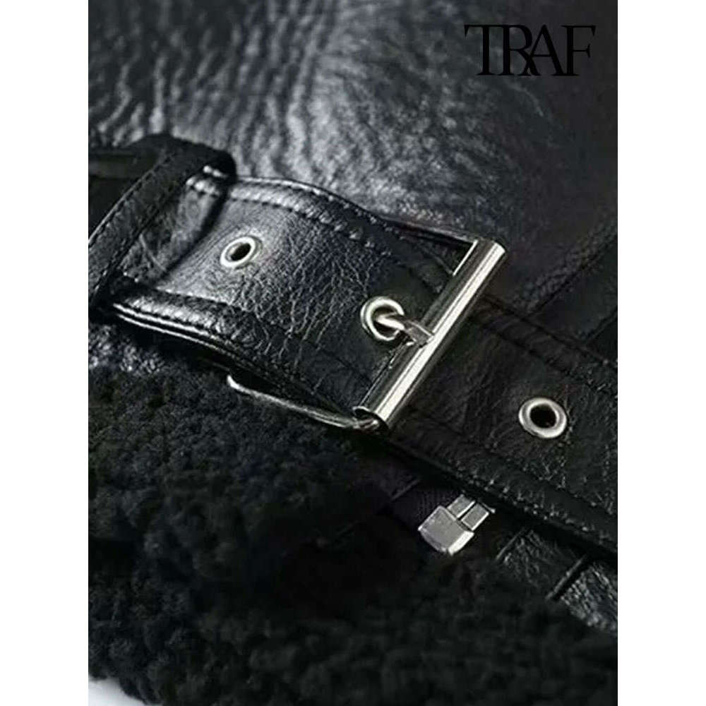 Traf-Women's Thick Warm Winter Fur Faux Leather Oversized Jacket, Long Sleeve Coat, Female Outerwear, Chic Tops, Fashion