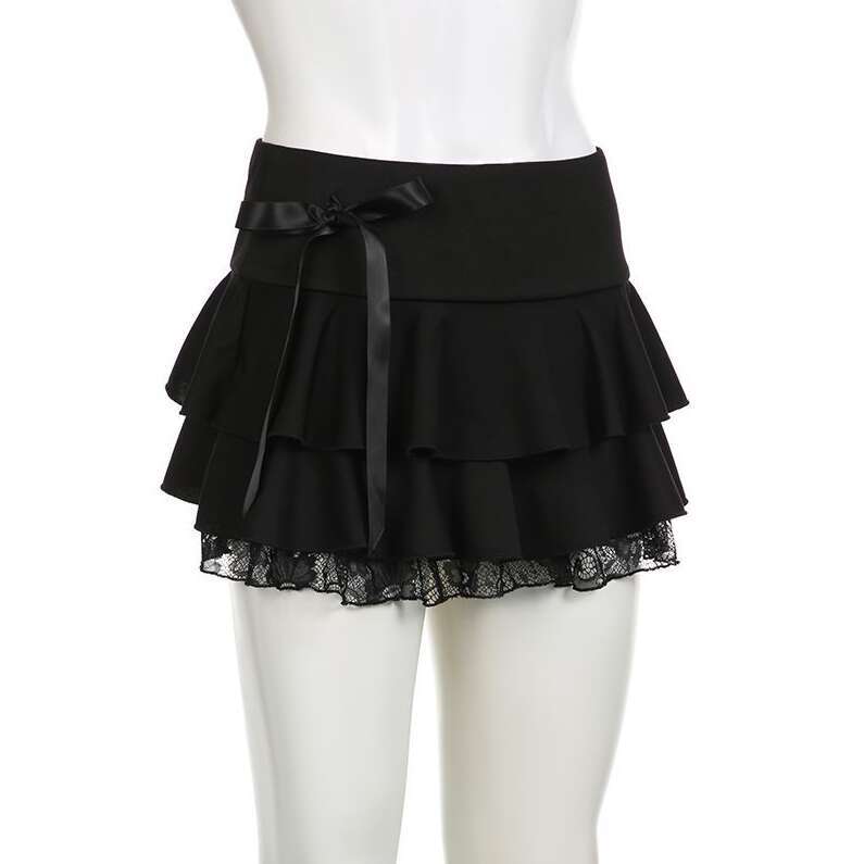 Bow element lace patchwork slimming half skirt for spicy women, high waisted multi-layer pleated skirt for women