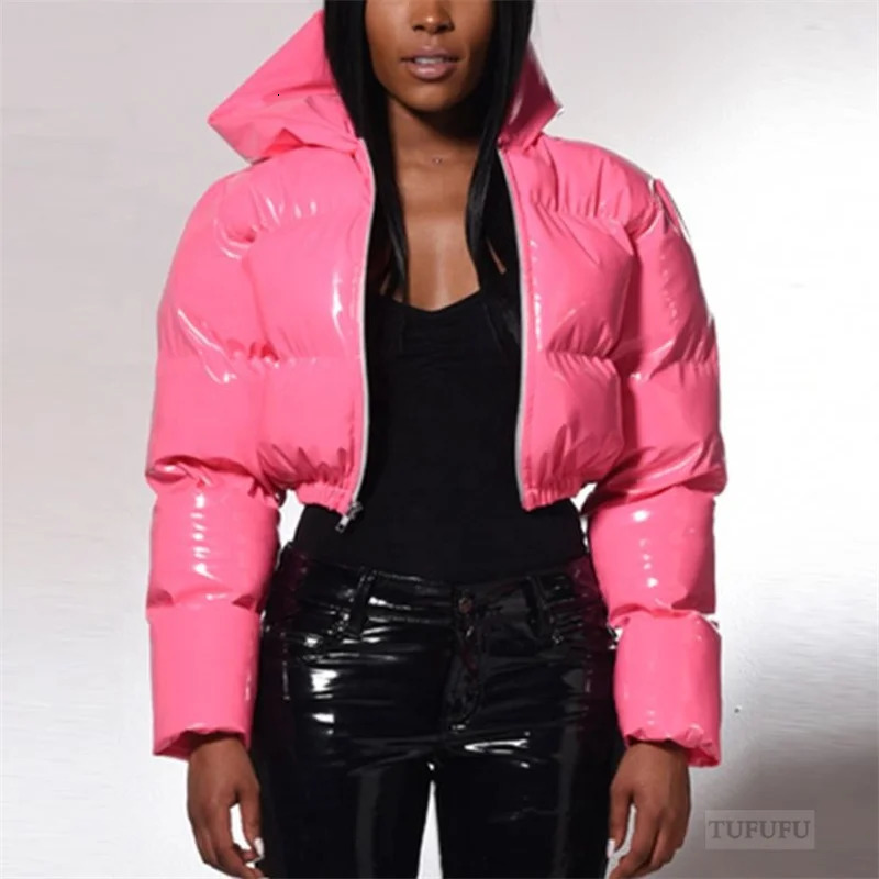 Fashion Cute Women Bright PU Pink Puffer Jacket Winter Warm Bubble Coats Shiny Leather Parkas Down Zipper Cropped Jackets Parkas 241028