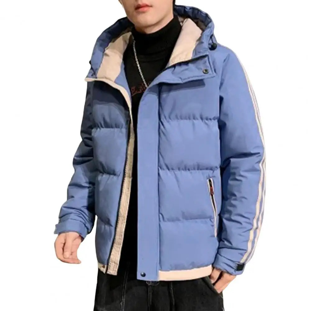 Fashion Thick Men Cotton Jacket Hooded Long Sleeve Parkas Patchwork Color Padded Coat Warm Zipper Outwear 241024