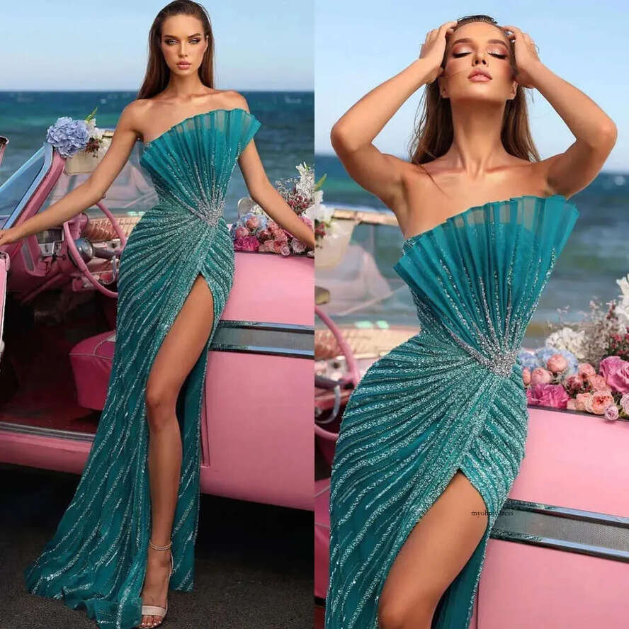 Tail Blue Mermaid Evening Dresses Strapless Party Prom Split Pleats Crystal Beads Formal Long Red Carpet Dress For Special Ocn 0515