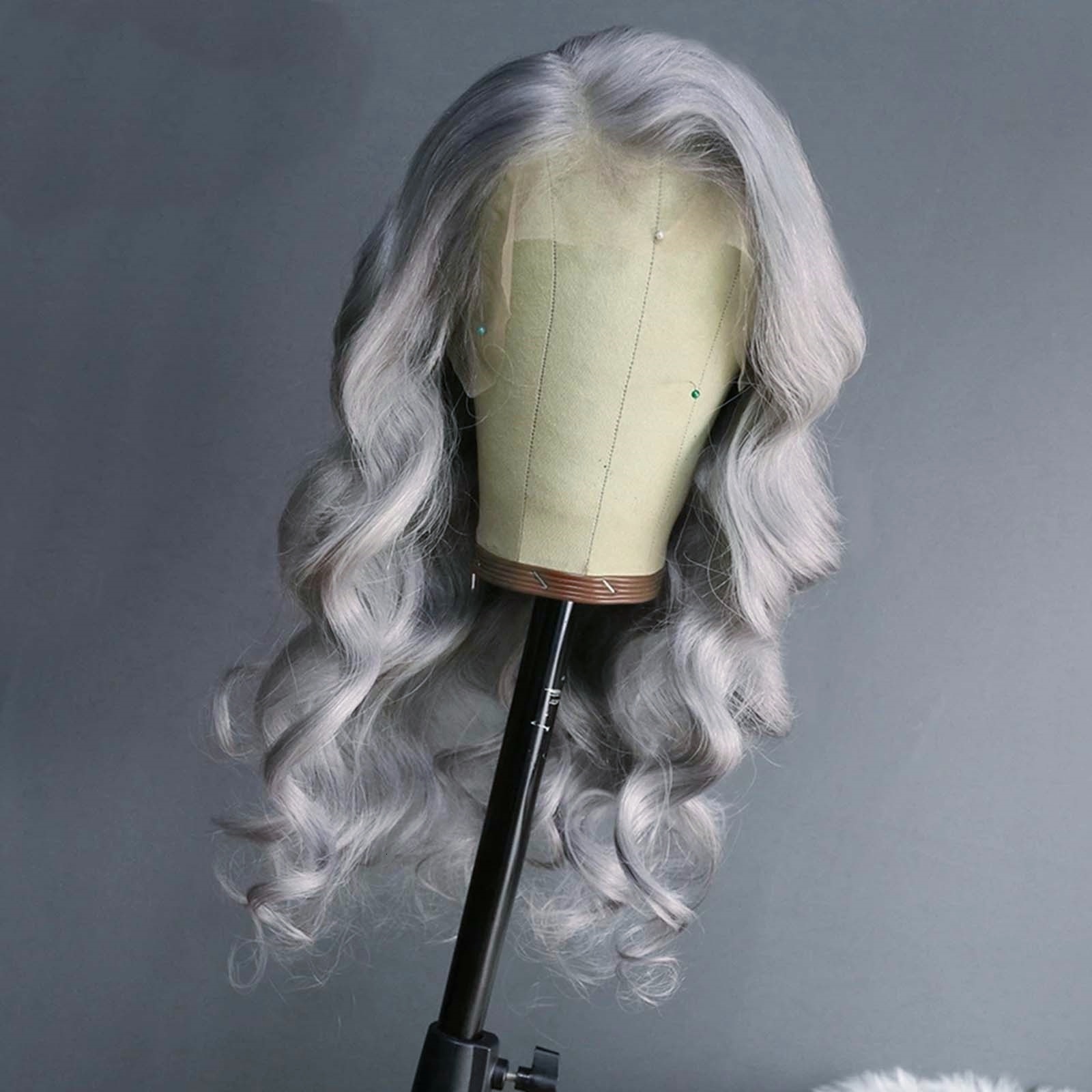 Front Synthetic Lace Glueless Wavy Sier Wig Body Wave Long Grey Hair Wigs for Women