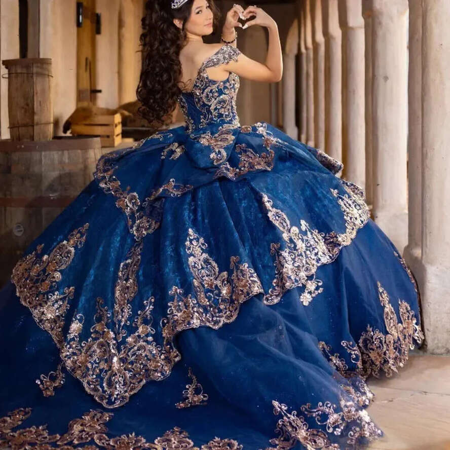 2024 Princess Navy Blue Off Shoulder Quinceanera Dresses Appliques Lace Beads Party Sweet 16 Ball Gown Vestidos De 15 Anos 0629
