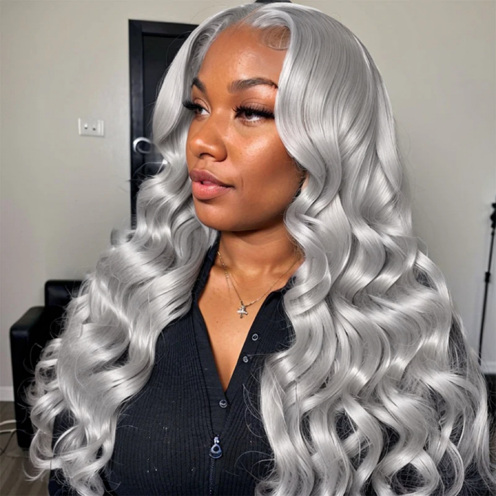 Loose Synthetic Sier Front Wig Glueless Long Grey Curly Hair Lace Frontal Wigs for Women