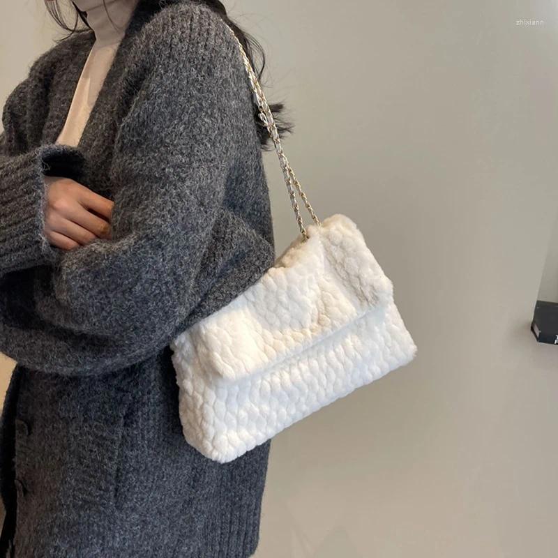 2025 NEW Drawstring Women Girls Solid Color Chain Shoulder Bag Large Capacity Furry Tote Handbags Soft Plush Messenger fashionable item zhanyishengli