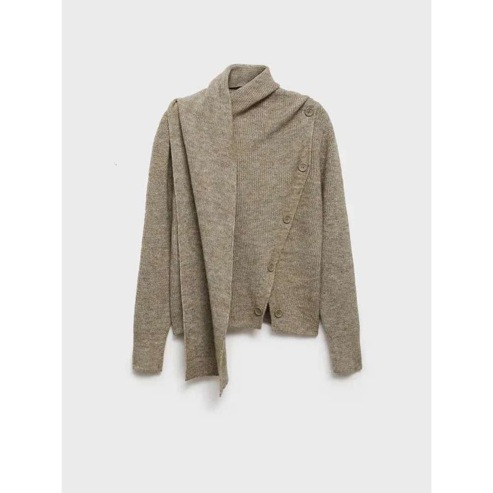 2024 Warm Scarf Collar Knitted Sweater Women Chic Single Breasted Full Sleeve Loose Cardigan Autumn Casual Lady High Streetwear