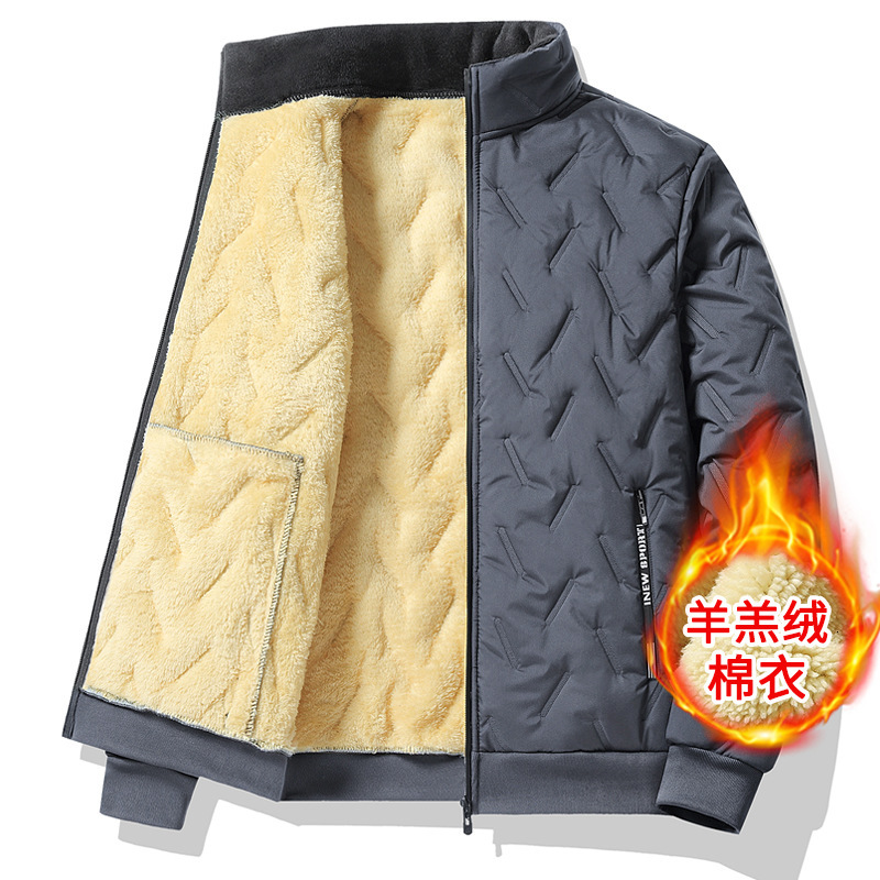 2024 New Designer Lamb Men's Winter Wool Thick Clothes Warm Loose Stand up Collar Jacket Dad's Cotton Jacket