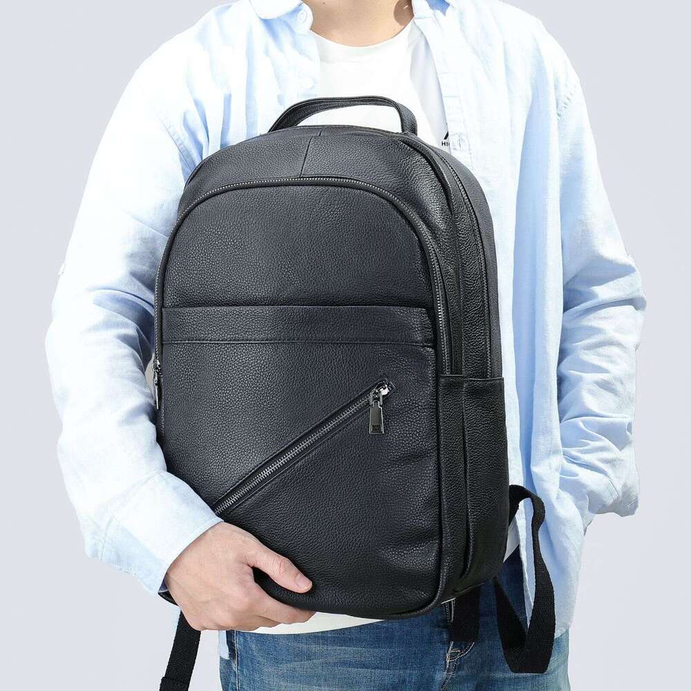 Men Genuine Backpack Classic Big Capacity Women Cow Leather Rucack 15.6 Inch Natural School Bag Office Daypack