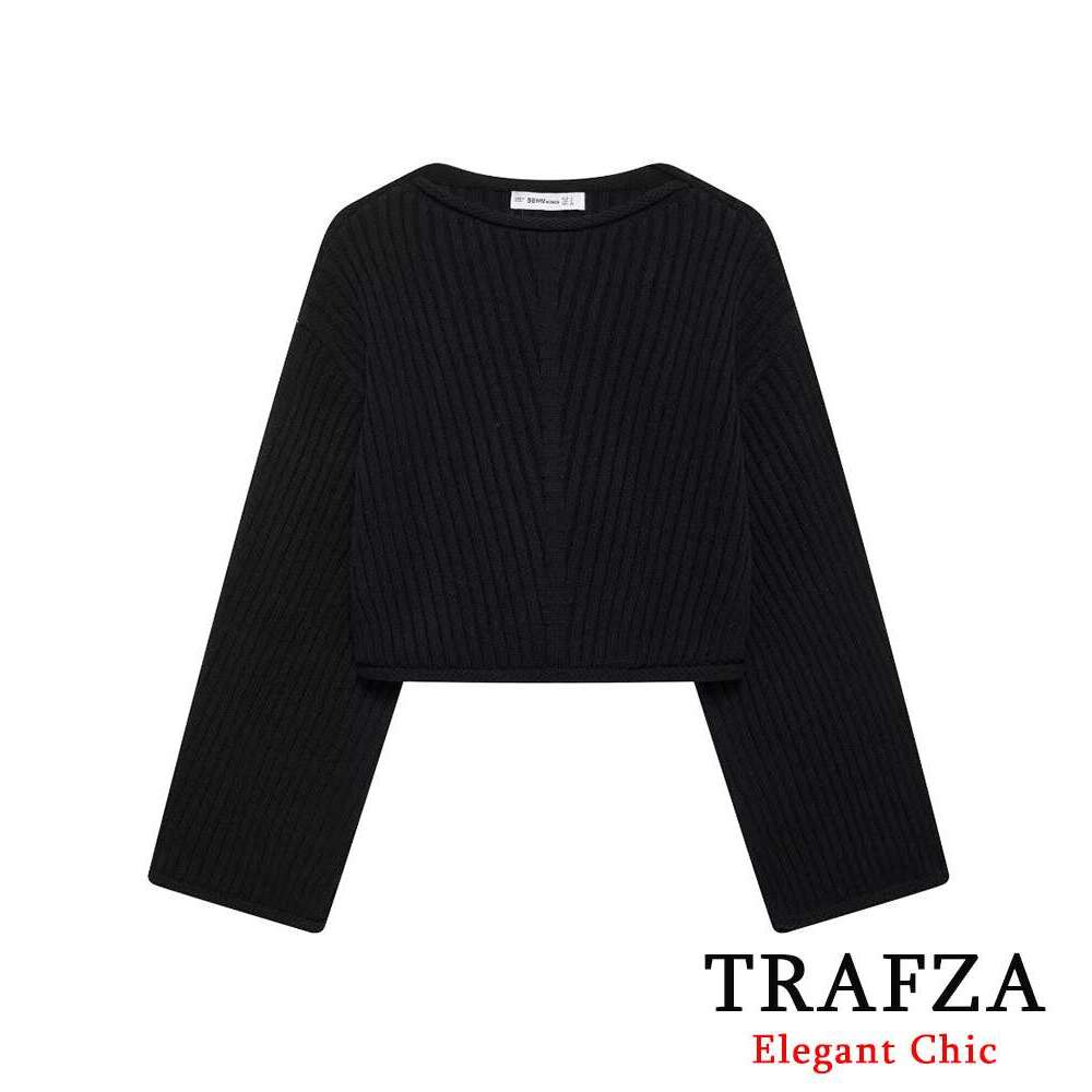 TRAFZA Women Fashion Knitted O-Neck Loose Solid Sweater New 2024 Autumn Winter Casual Stylish Pullover