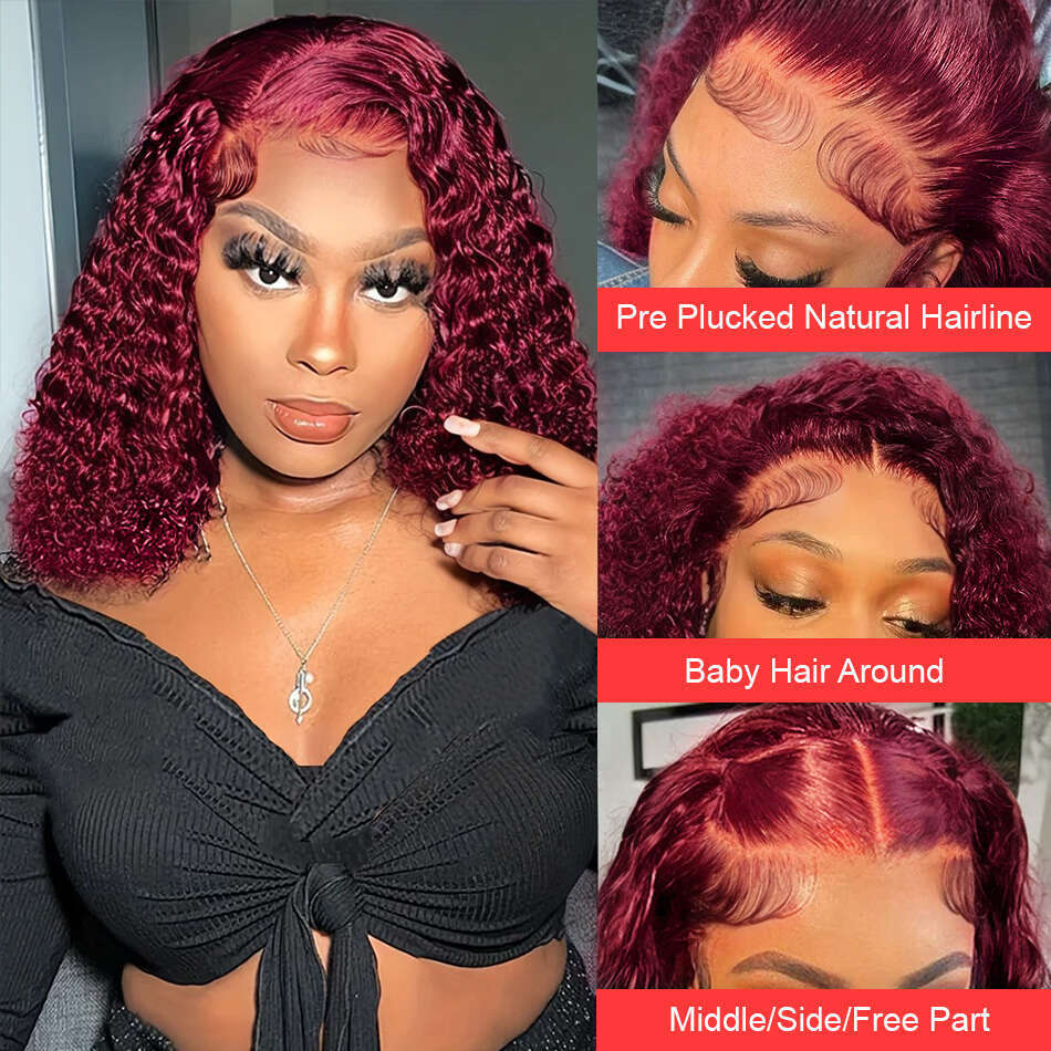 J Burgundy Lace Front Wig Short Bob Hair Human x Deep Wave Frontal Red Colored Curly Wigs