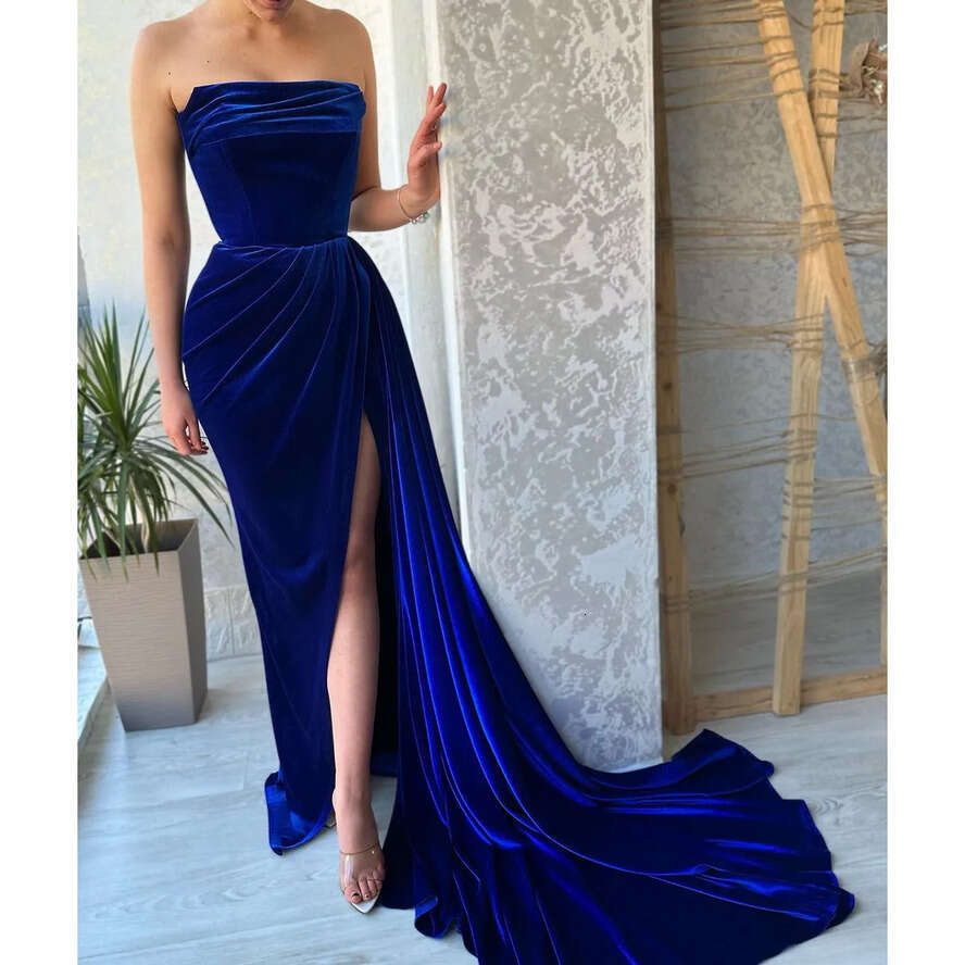 Sexy Royal Blue Mermaid Prom Dresses Long For Women Strapless Draped Or Length High Side Split Birthday Pageant Celebrity Evening Party Gowns Formal O