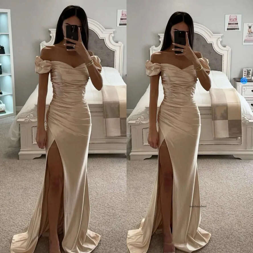 Light Champagne Prom Off Shoulder Satin Evening Elegant Pleats Split Formal Long Special Ocn Party Dress Promdress Robe De Soiree 0515