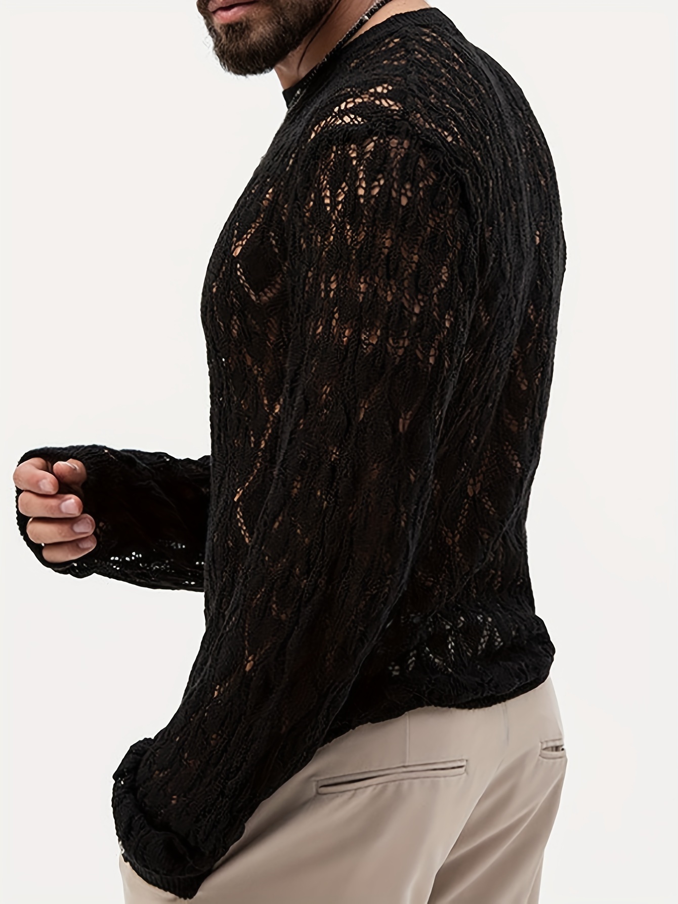 Fashionable knitted sweater with transparent mesh hollow design, casual round neck pullover sweater, sexy nightclub clothing for men