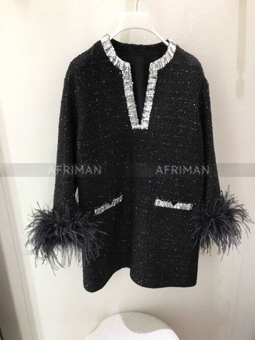 New Dia Beaded V Neck Ostrich Feather Decoration Long Sleeve Women Loose Woolen Dress