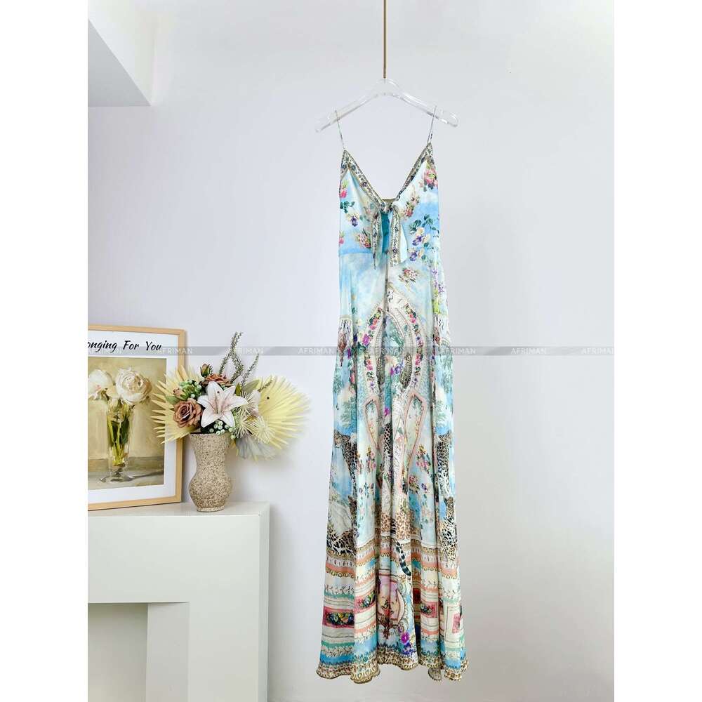 Women Sexy Strapless Cross V Neck Crystal Beaded Retro Wer And Animal Print 100% Silk Long Sg Dress