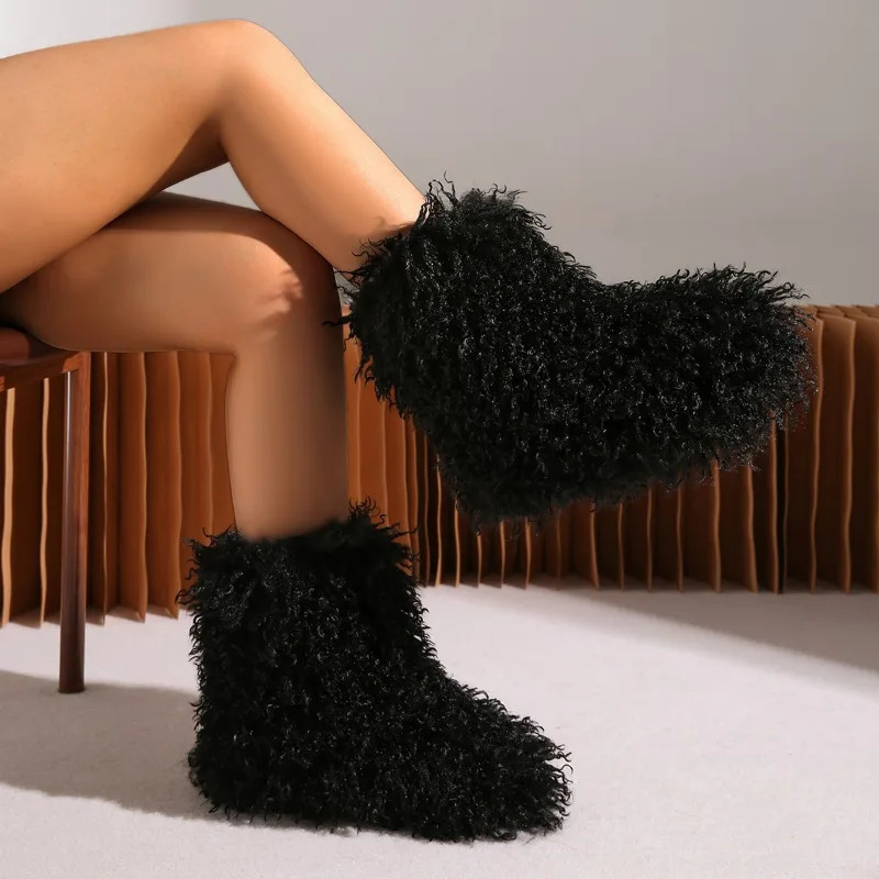 Winter Boots Furry Shoes Women Teddy Fur Snow Boots Fluffy Warm Faux Wool Boot Plush Fashion Boots Ladies Mongolian Fur Boot 241028